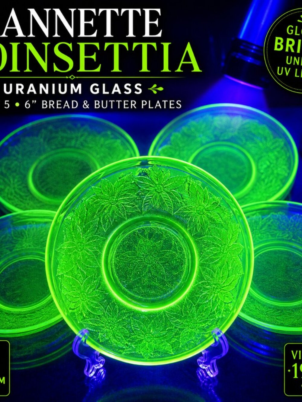 Vintage Jeannette Poinsettia Green Depression Glass Bread&Butter Plates Set of 5